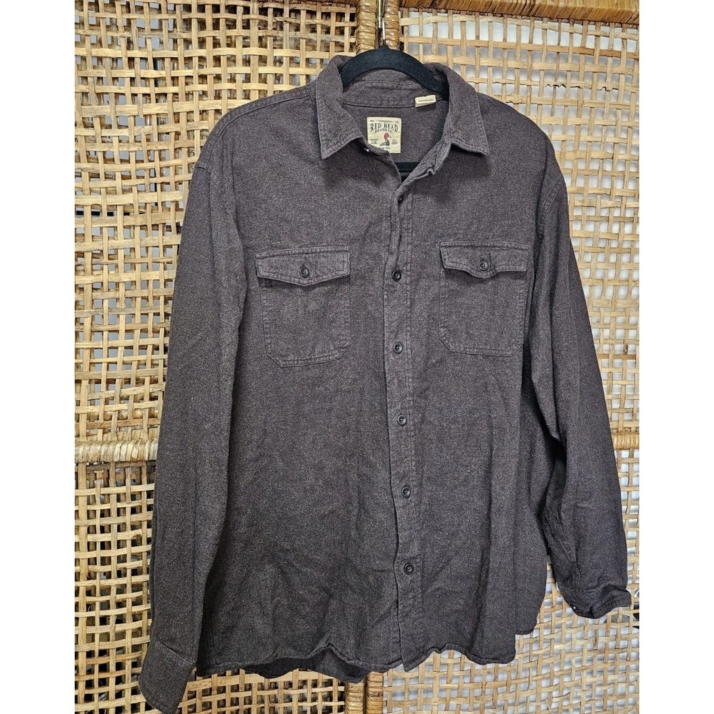 Redhead Brand‎ Mens L Flannel Camp Shirt Long Sleeve Cotton Gray Charcoal